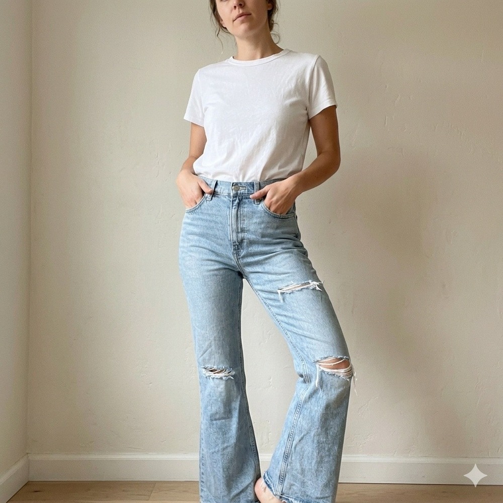 Levi's 70s High Flare Jeans Womens 28 Blue Distressed Ripped Raw Hem Boho Retro